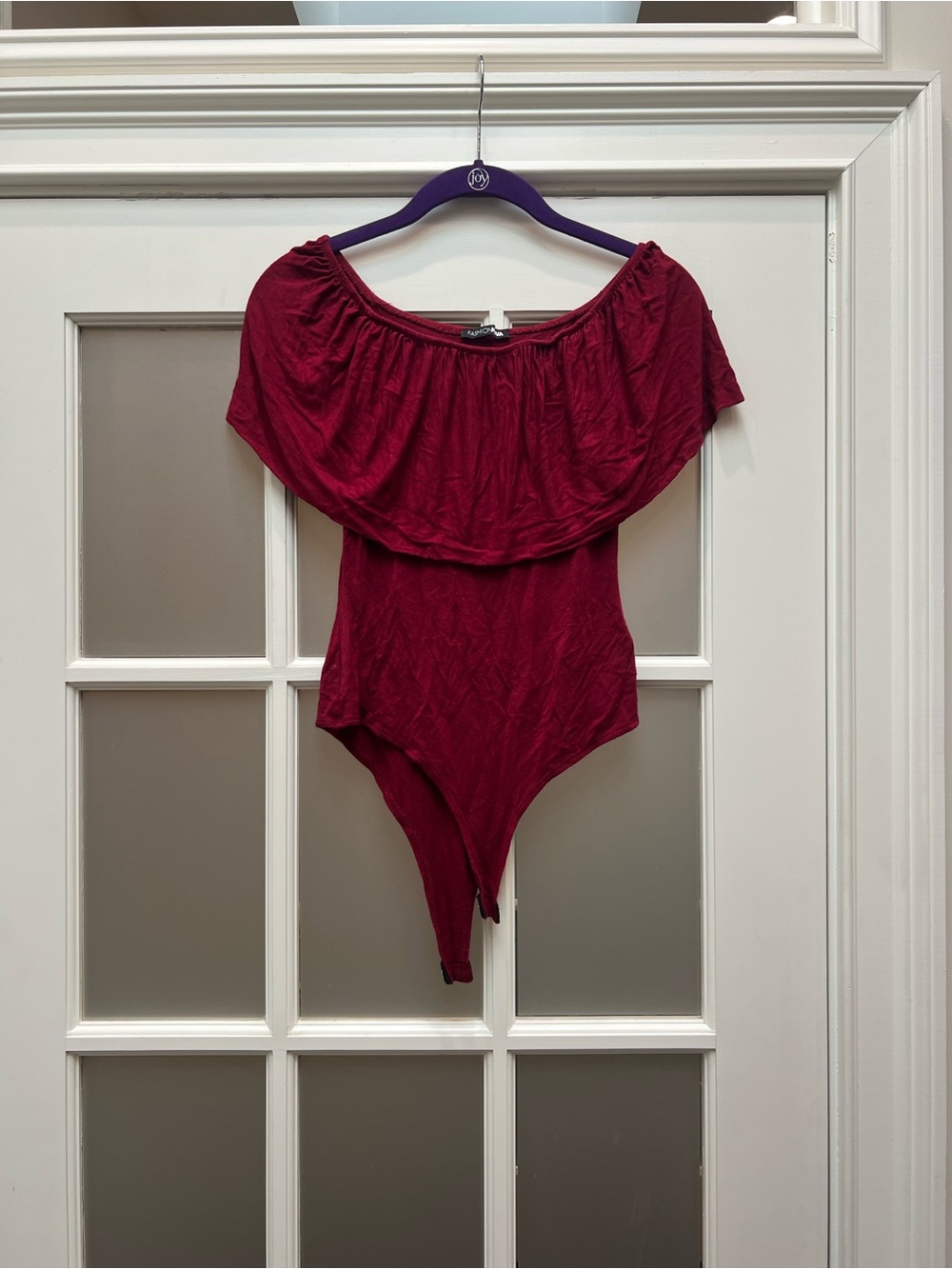 Fashion Nova Off-Shoulder Burgundy Ruffle Bodysuit